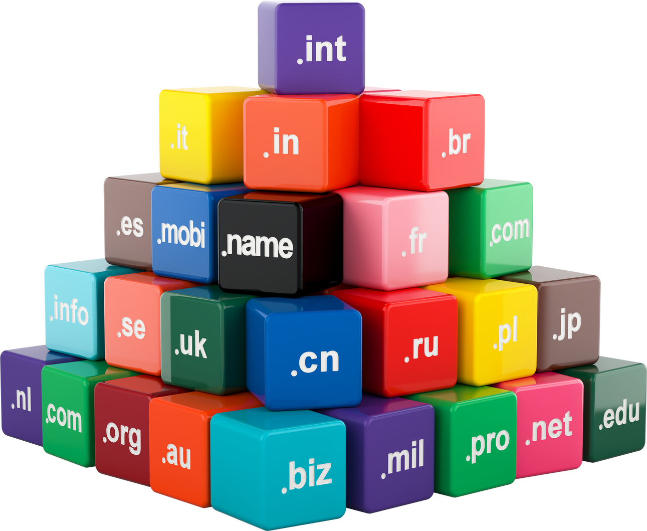 Colored cubes with domain names, 3D rendering isolated on transparent background
